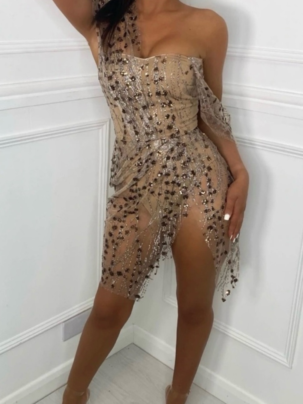 NWT Dressmezee Sparkle Delight Glitter Mesh Dress Bronze Size Large